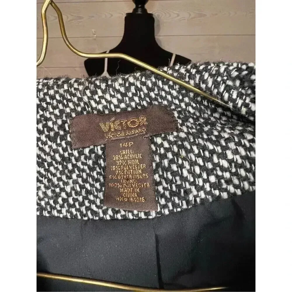 Vintage Victor Alfaro Black/white Tweed Jacket Blazer front pockets Size 14P
